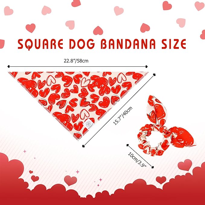 E-Clover Cute Bandana & Matching Scrunchie-Heart Dog Bandanas Red Pet Scarf Bib for Small Dogs Puppy Girl Boy Owner Mothers Day Mom Gift