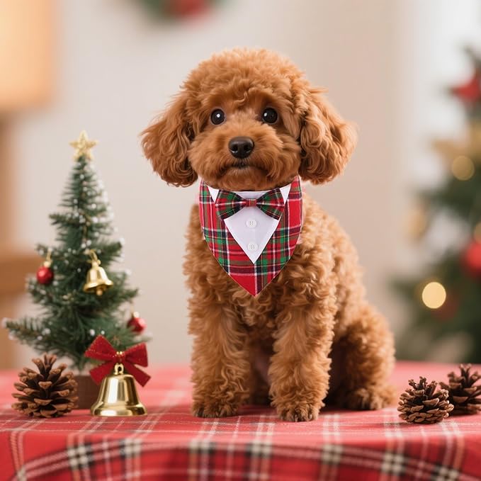 ADOGGYGO Christmas Dog Tuxedo Bandana, Red Green Plaid Pet Xmas Collar with Bow, Adjustable Christmas Costume for Extra Small Dogs (XS)