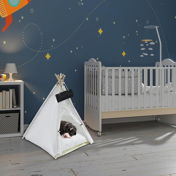 Pet Teepee Tent for Small Dogs or Cats, Protable Puppy Sweet Bed, Dog/Cat House with Thick Washable Cushion(Striped,28in)