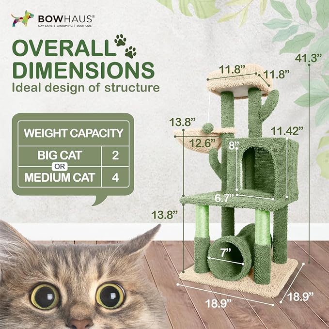 CAPHAUS Cactus Cat Tower for Indoor Cats, Cute 40-Inch Small Cactus Cat Tree w/Widened Perch for Large Cats & Kittens, Multi-Level Cat Activity Tree w/Scratching Post, Tunnel, Basket, Cat Cave Condo