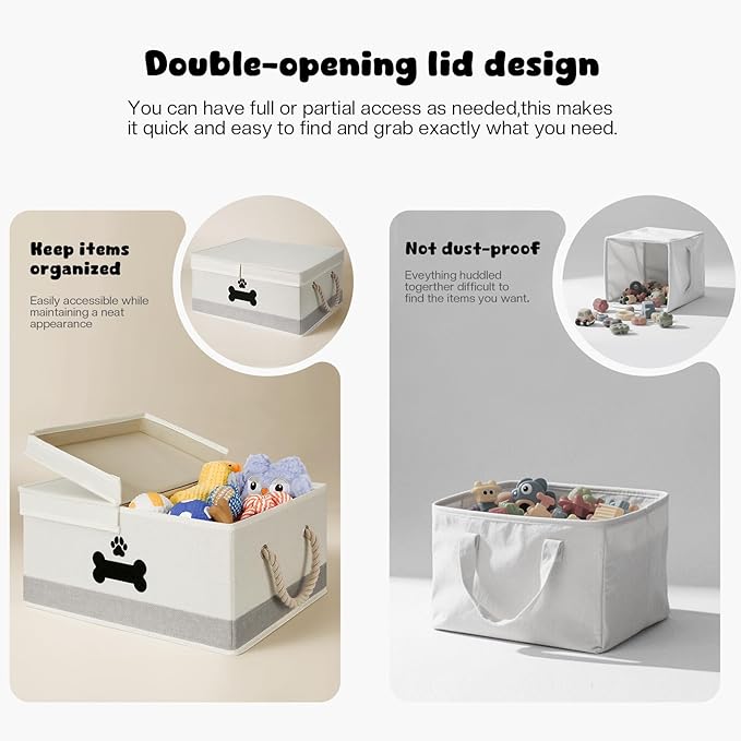 Dog Toy Basket with Double-Open Lid, Divided Dog Basket for Toys, Collapsible Pet Toy Box, Dog Storage Organizer with 2 Divided Area, Puppy Toy Baskets with Rope Handles, Beige & Gray