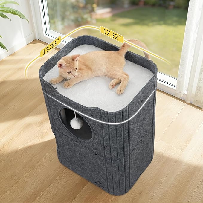 Cat House for Indoor Cats Cat Bed Cave 2-Storey Cats Condo with Cozy Felt Covered Hideaway for Multiple Pets Dark Grey