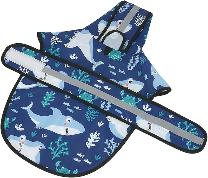 HDE Dog Raincoat Jacket Reflective Adjustable Hooded Pet Poncho Rain Coat with Leash Hole for Small to X-Large Dogs Sharks - XL