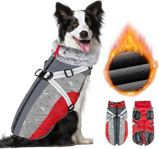 SlowTon Dog Jacket with Harness Built in - Waterproof Fleece Winter Warm Dog Coats for Small Medium Dogs, Reflective Adjustable Furry Puppy Vest Clothes for Outdoor Walking (Red & Black,XL)