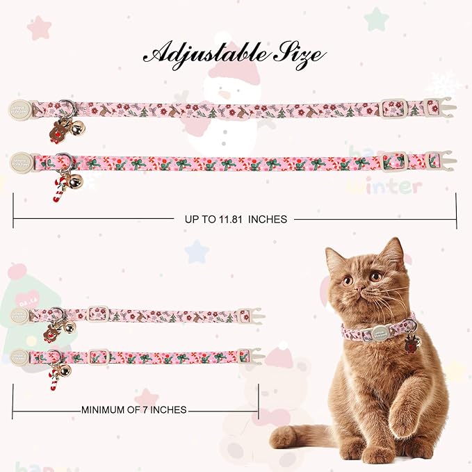 Christmas Cat Collar,Unique Style Paws Kitten Collars,Cute Pink Cats Collar with Bell,AdjustableKitten Collar Breakaway Buckle with Candy Cane,Reindeer Pattern,Ideal Gift for Boy Girl Cats