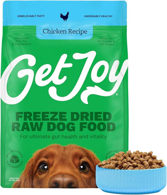 Get Joy Freeze Dried Raw Chicken Dog Food, High Protein Grain Free Meal, Topper & Treat, Gut Health Support with Probiotics, Small to Large Breed, 16oz Bag