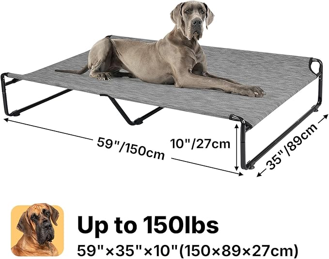 Veehoo Original Outdoor Elevated Dog Bed, Cooling Raised Dog Cot for Large Dogs, Portable Standing Pet Hammock Platform with Washable Breathable Mesh, No-Slip Feet, XX-Large, Black Silver, CWC2201