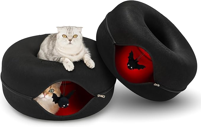 Cattasaurus Unique Peekaboo Cat Cave for Multiple & Large Cats Up to 30-45 Lbs, Scratch Detachable & Washable Tunnel Bed, Gothic Bat Donut Cat Cave (Duo Large Set)