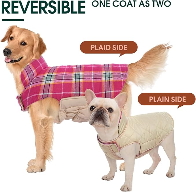 Kuoser Waterproof Dog Coat, Reversible Dog Jacket for Large Dogs, Adjustable Durable Doggie Winter Coat for Groowing Puppies Warm Puppy Cold Weather Apparel, Rose L