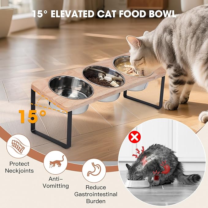 Elevated Cat Bowls with 3 Stainless Steel Bowls, 15° Tilted Raised Cat Food Bowl Wood Pet Bowls with Stand Anti Vomiting 2 Stainless Steel Bowl for Cats and Puppy