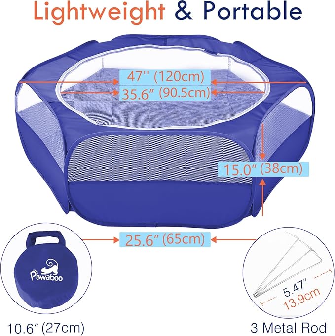 Pawaboo Small Animals Playpen, Waterproof Small Pet Cage Tent with Zippered Cover, Portable Outdoor Yard Fence with 3 Metal Rod for Chick/Kitten/Puppy/Guinea Pig/Rabbits/Hamster/Chinchillas,Indigo