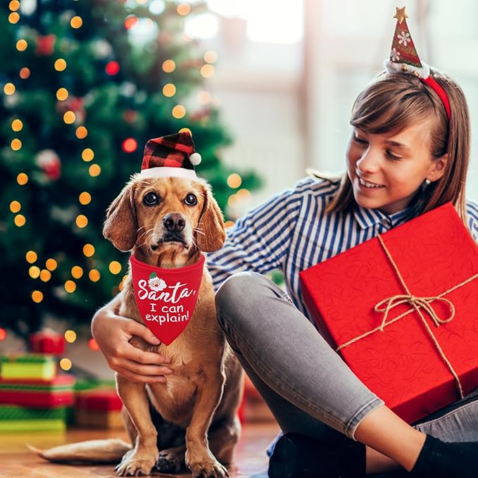 PUPTECK Dog Christmas Bandana Scarf with Cute Doggy Santa Hat Suit, Costume Ornaments for Small Medium Large Dogs Boy Girl Outfit Presents, Red