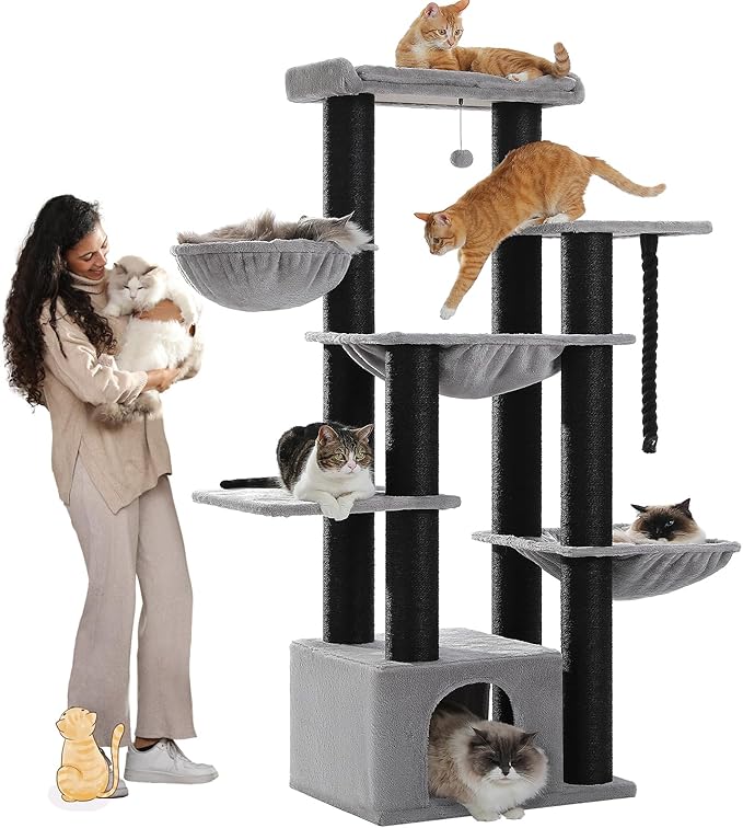 Large Cat Tree with 13 Thick Study Scratching Posts (φ4.3in)-67in Heavy Duty Cat Tower for Indoor Adult Cats with XXL Cat Condo, Super Big Perch & 3 Hammocks for Maine Coon 20 lbs -Gray
