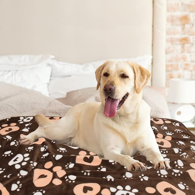 Brown Fleece Extra Large Dog Blanket, 80'X60', Soft Flannel Pet Cat Puppy Blanket Mat Cover for Bed Couch, Cute Paw Print Throw Blanket for Dogs