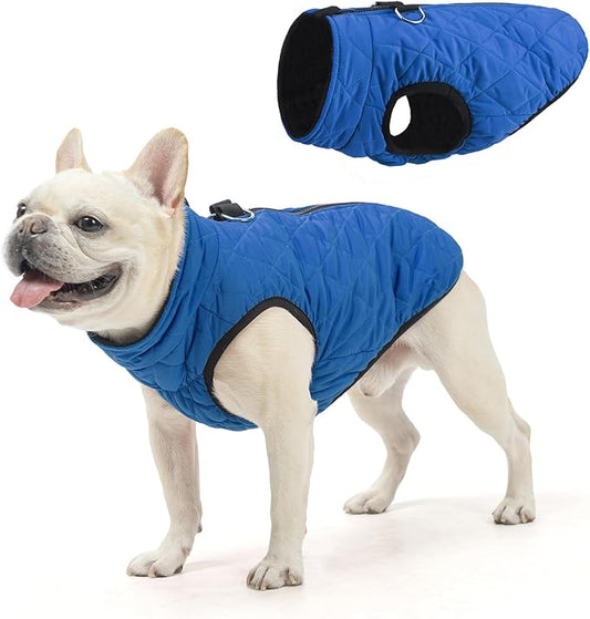 SCENEREAL Winter Dog Vest Coat with Harness Built in, Warm Puppy Jacket for Small Medium Dogs, Cold Weather Coat with Zipper, Fleece Puffer Vest Windproof Snow Clothes, Blue L