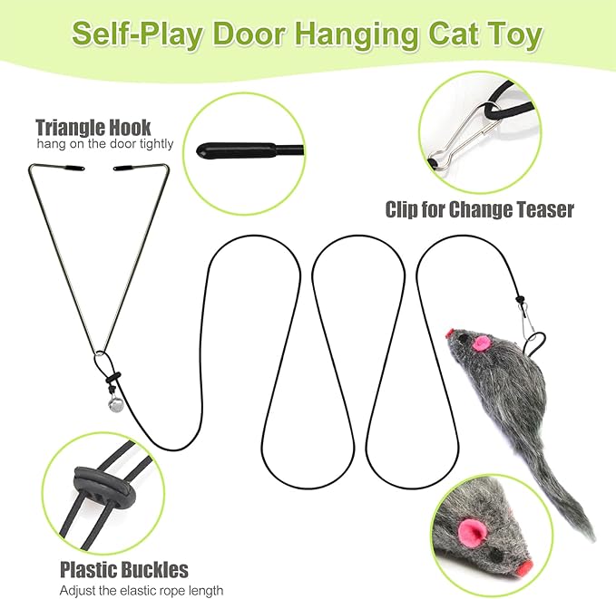 ChicWow Interactive Retractable Cat Wand & Hanging Toys for Cats - 2 Wands, 2 Hanging, 7 Teaser Cat Toys for Indoor Adult Cats Kitten, Includes Feather, Mouse, Fish, Worm, 1 Spare Elastic Rope