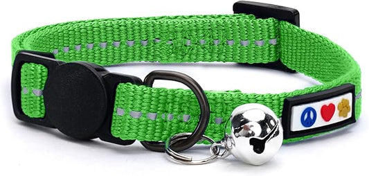 Pawtitas Recycled Cat Collar with Reflective Stitched and Safety Buckle Removable Bell Reflective Cat Breakaway Collar Made of Plastic Bottles Collected from Oceans - Green Cat Collar