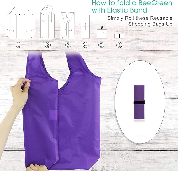 BeeGreen Purple Reusable Grocery Bags with Elastic Band Reusable Shopping Bags Bulk 50LBS X-Large Foldable-Machine Washable-Heavy Duty 20 Pieces