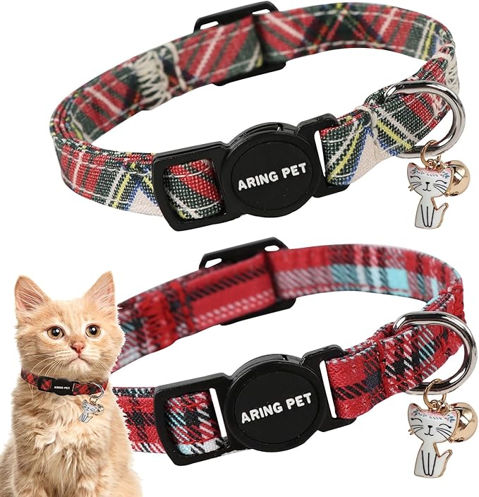 ARING PET 2 Pack Christmas Cat Collars-Cute Cat Collar Breakaway with Bell&Pendant, Cotton Christmas Plaid Kitten Collars with Safety Buckle for Girl and Boy Cats