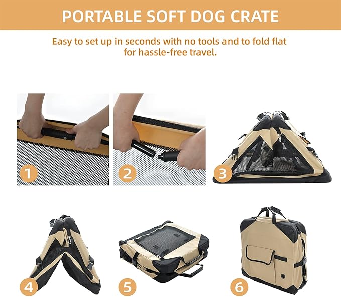 Pettycare 36 Inch Collapsible Dog Crate for Large Dogs, 4-Door Foldable Soft Dog Kennel with Chew Proof Mesh Windows, Indoor & Outdoor Travel Dog Crate, Beige