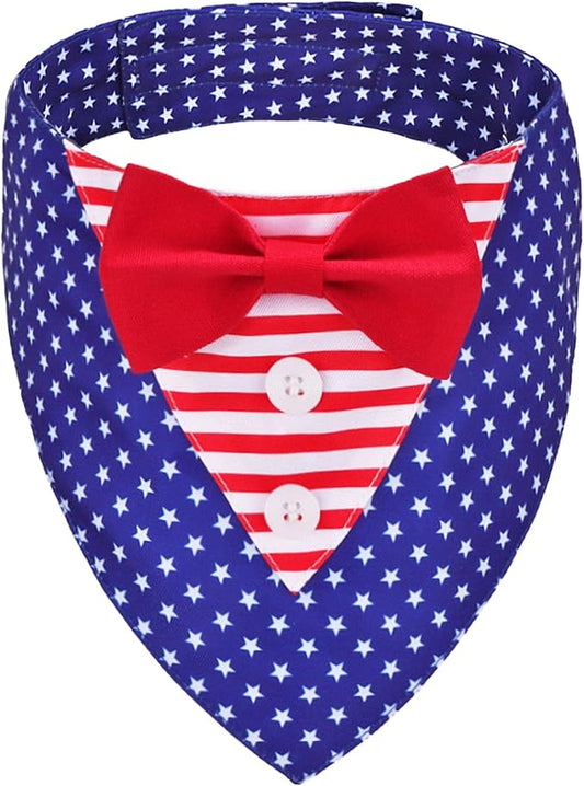 ADOGGYGO American Flag Dog Tuxedo Bandana, Red Blue Pet Tux with Bowtie Adjustable 4th of Julty Bandana Costume for Medium Dogs Pets (M)