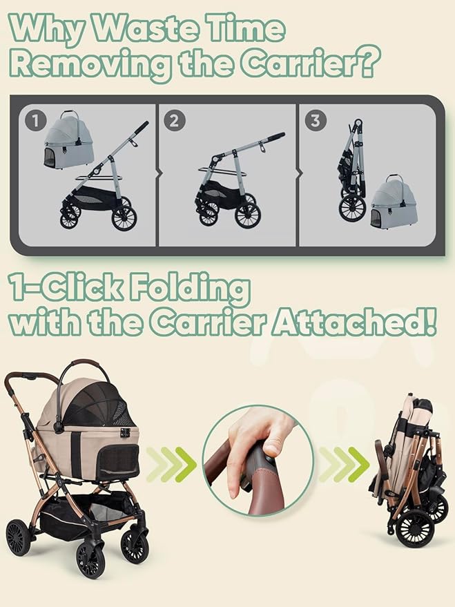 Small Dog Stroller, Pet Stroller for Small Dogs, 5-in-1 Dog Strollers - Fold All in One Without Detaching Carrier, Pet Strollers with Removable Waterproof Carrier for Dogs Cats 10 lbs 20 lbs - Khaki