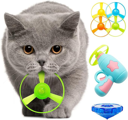 Cat Fetch Toy, Interactive Flying Cat Toy with 1 Light Up Spinning Tops, 1 LED Propellers and 4 Flying Propellers,Kitten Tracks Toy for Training Hunting Chasing(Blue)