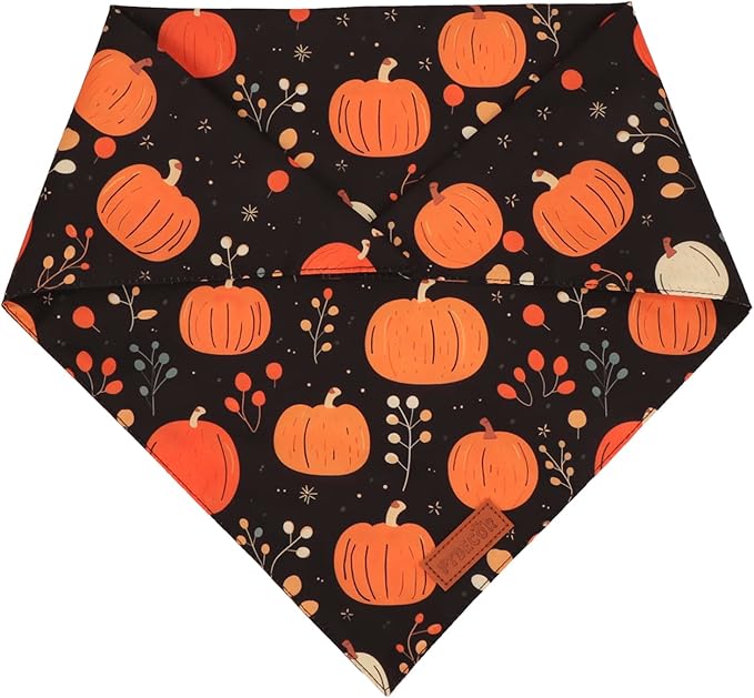 PTDECOR Fall Dog Bandana, Pumpkin Mushroom Design Scarf Reversible Holiday Dog Scarf, Triangle Thanksgiving Bandanas for Medium Large Pets (Large)