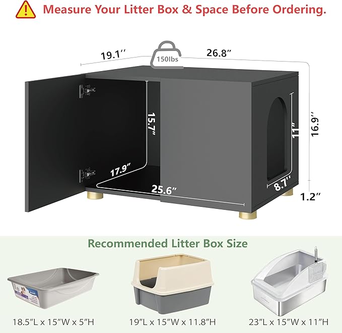 Small Litter Box Enclosure, Sleek Modern Cat Litter Box Cabinet Furniture, Wooden Cat House, End Table (Black)