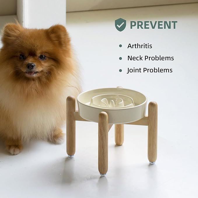 Ceramic 1.2 Cup Raised Slow Feeder Dog Bowl Set, Elevated Wooden Stand for Medium and Small Dog, 7.3inch Puzzle Slow Dish, Anti-Gulping(Beige, Single Bowl+ Stand)