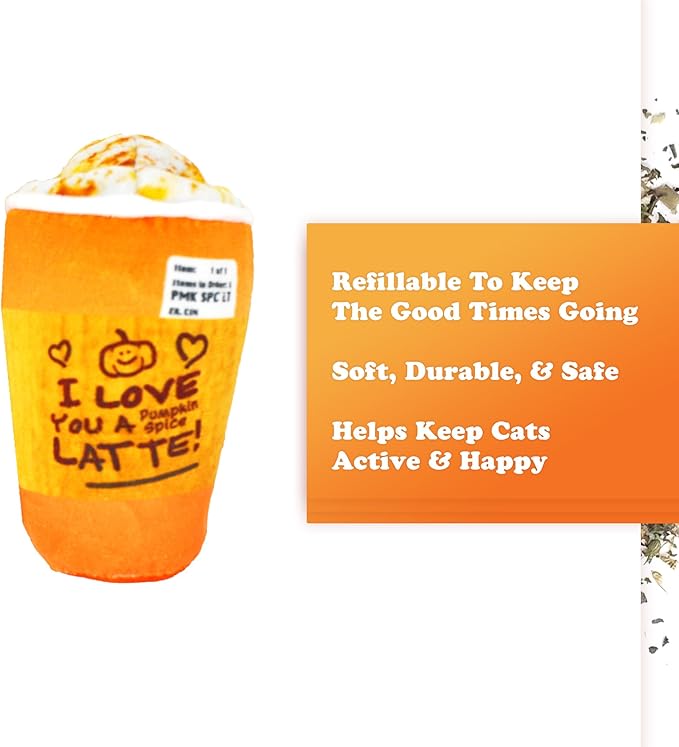 Meowijuana Refillable Cat Toys | Get Spooked - Pumpkin Spice Latte Catnip Toy | Includes Potent Hand Harvested Catnip Grown in North America | Promotes Play and Cat Health