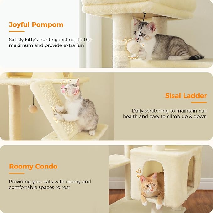 71 Inch Tall Cat Tree for Indoor Cats Large Adult, Multi-Level Cat Tower with Extra Large Hammock, 2 Cat Caves, Spacious Top Perch, Scratching Pad, Beige
