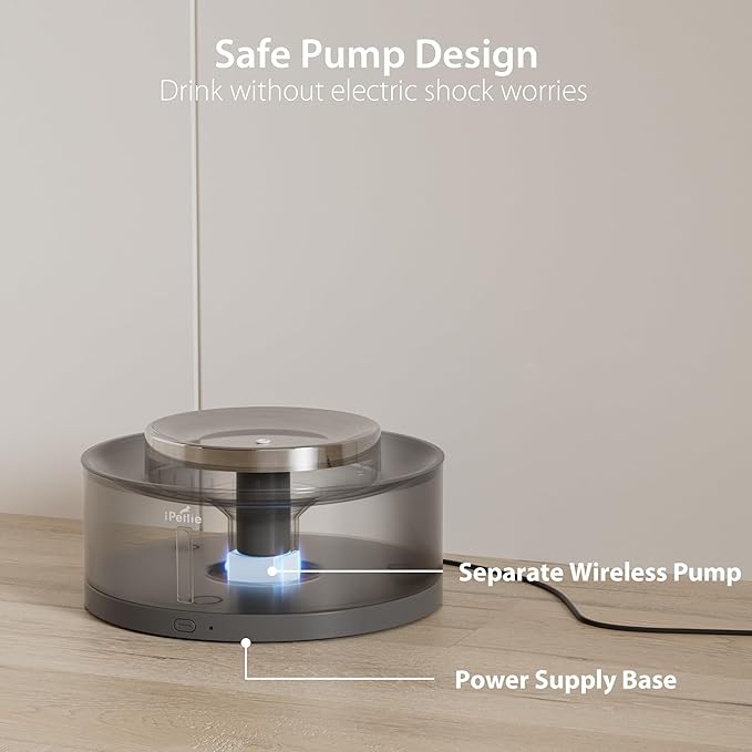 iPettie Cake Dog Water Fountain, 8L/2.1Gal Large Capacity Automatic Dispenser, Wireless Pump Filtered Waterer Purifier with BPA-Free Stainless Steel Bowls, Dishwasher Safe, Grey