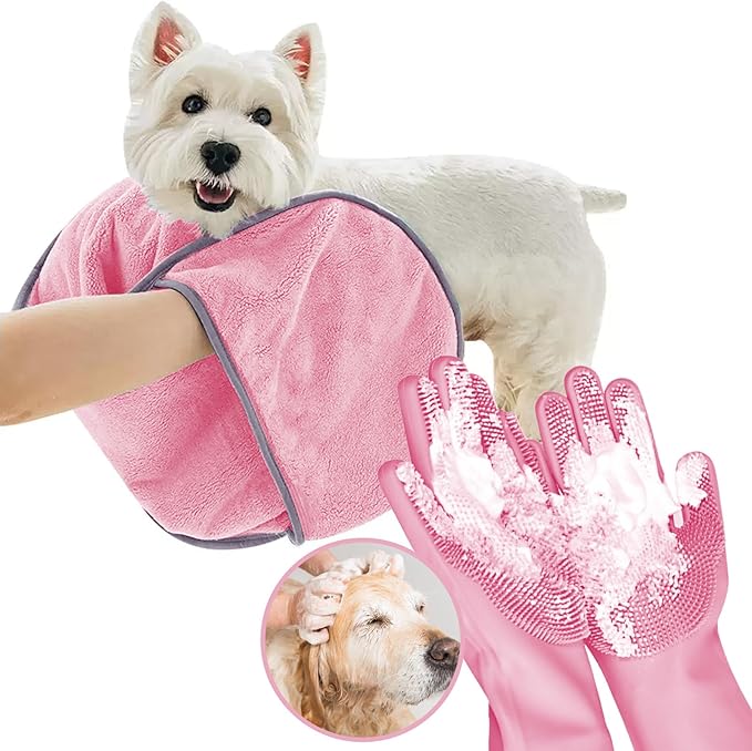 Dog Washing Gloves - Quick Drying Dog Towel,Cat Bath Grooming Gloves Brush with High-Density Teeth for Bathing Massaging，Absorbent Pet Bath Towel 30.3"x13.8" with Hand Pocket for Dog Cat Pink