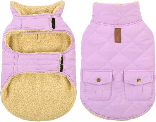 Queenmore Warm Dog Coat, Cold Weather Puffer Dog Coat Vest, Quilting Winter Pet Jacket Ultra Thick Plush Fleece Lining Pet Clothes for Dogs with Storage Pockets (Lilac, Medium)