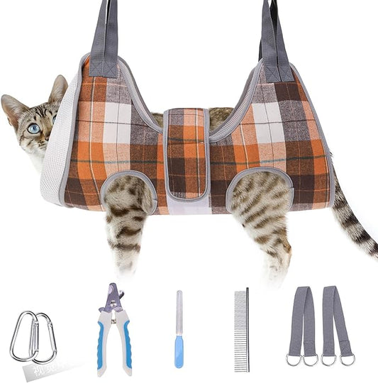 BEAUTYZOO Dog Grooming Hammock Harness for Nail Trimming - Adjustable Pet Restraint Sling for Small Medium Large Dogs/Cats - Secure Hanging Holder for Nail Clipping & Grooming (Orange Thanksgiving)