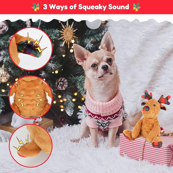Rypet Christmas Reindeer Dog Toys Durable Plush Dog Toys with Crinkle Paper Interactive Dog Stuffed Squeaky Toys for Puppy Medium Small Dogs Cleaning Teeth and Relieving Anxiety