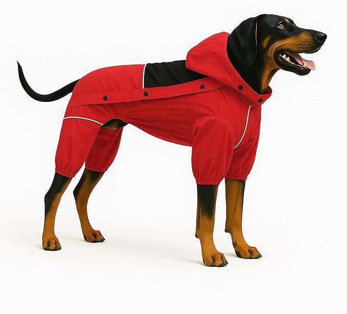 LOVELONGLONG Waterproof Dog Raincoat with Removable Hood – Outdoor Full Body Dog Jacket, Windproof Snowproof Shell Suit – All Season Pet Rain Gear Red XXL