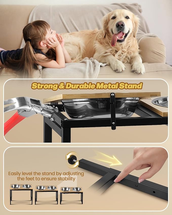 Elevated Dog Bowls Large Breed with Mat, 15"-20.5" H 4500ML Raised Dog Bowls for Large XL Dogs, Bamboo Bowl Elevated with Stainless Steel Bowl, Metal Stand Adjustable Dogs Feeder
