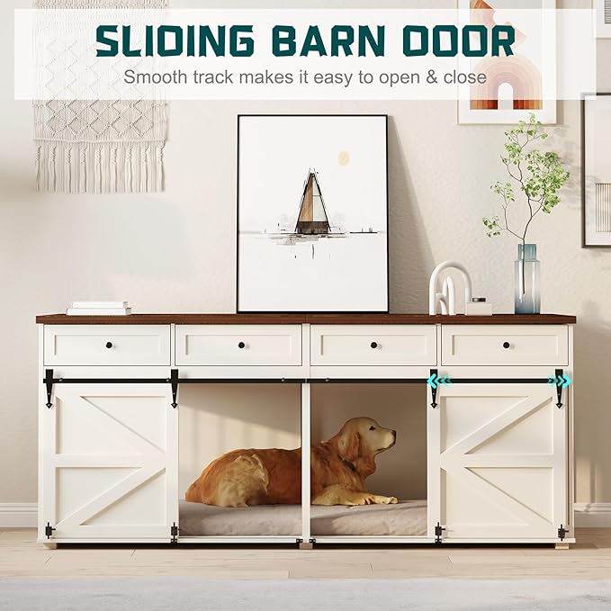 Furniture Style Dog Crate, 83" L Super Large Indoor Wooden Farmhouse Dog Kennel Furniture with Double Sliding Barn Doors, 4 Drawers & Room Divider, for Large Breed Dogs, White