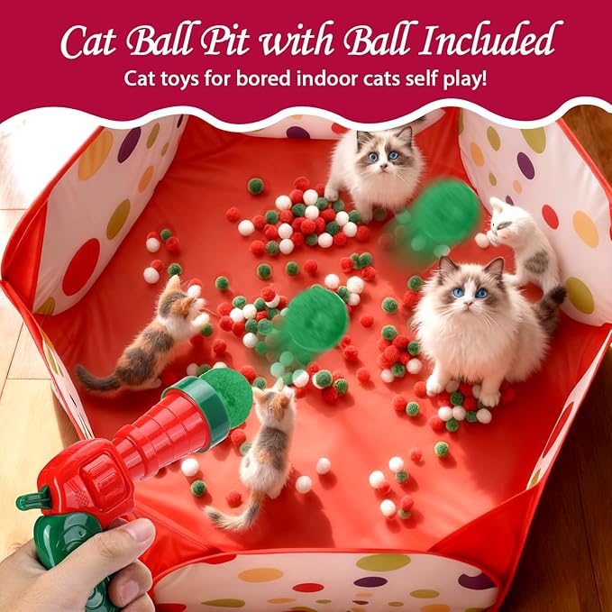 Mity rain Cat Ball Pit with Balls Included, Interactive Toy for Indoor Bored Cats with Ball Launcher, Jingle and Pom Pom Balls, Christmas Cat Toys Enrichment, Kitten Toys for Self Playing Red