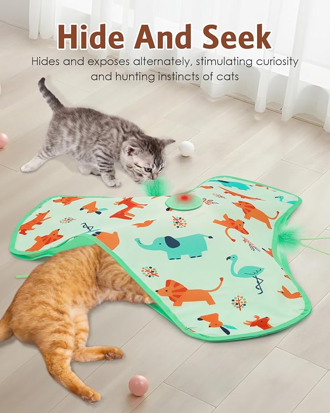 Interactive Cat Toy, Automatic Kitten Cat Toys for Indoor Bored Adult Cats, Rechargeable Cat Toys with Motion Activated, Real Mouse Squeaky, Moving Concealed Feathers, Hide & Seek