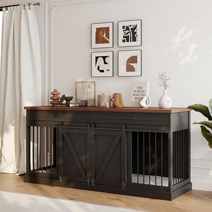 Furniture Style Dog Crate - Indoor Wooden Dog Kennel Furniture with 2 Sliding Barn Doors, 2 Drawers & Room Divider - 72" L x 23.6" W x 34" H - Black