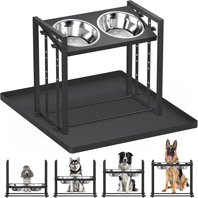 Elevated Dog Bowls for Medium Breed: 4 Height Adjustable Raised Dog Bowl with Metal Stand, Feeder Station with 2 Stainless Steel Bowls, Black with Feeding Mat