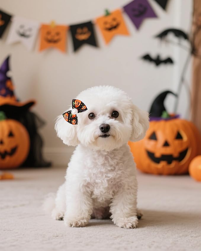 PET SHOW 10 Pack 2" Halloween Small Dogs Hair Bows with French Clips Rhinestone Yorkie Barrette Clip Bowknot for Medium Dogs Puppy Pet Ghost Pumpkin Topknot Cat Grooming Hair Accessories