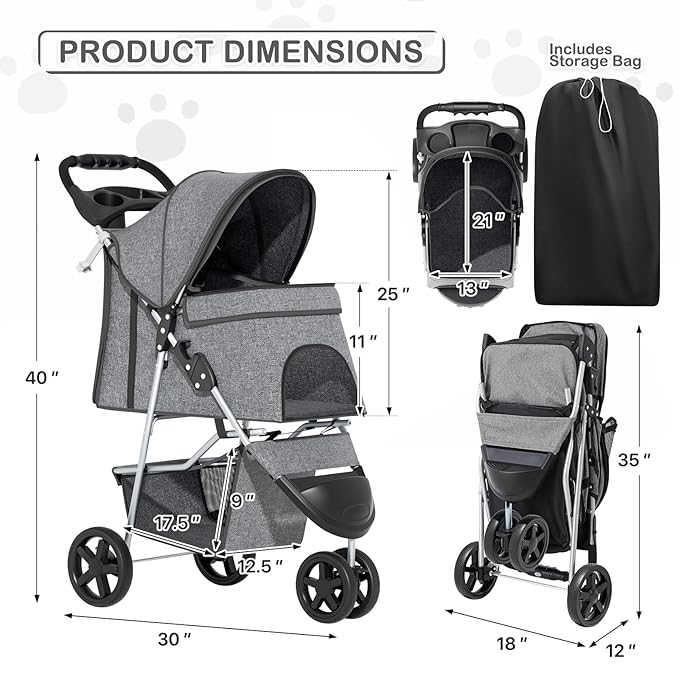 MoNiBloom 3 Wheels Pet Dog Cat Stroller for Small Medium Dogs and Cats, Lightweight Foldable Jogger Stroller w/Storage Basket and Cup Holder, Gray
