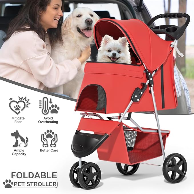 MoNiBloom 3 Wheels Pet Stroller, Foldable Puppy Cage Jogger Stroller with Weather Cover for All-Season, Storage Basket and Cup Holder, Breathable and Visible Mesh for Small/Medium Pets, Red