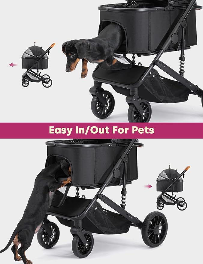 Dog Stroller for Small Medium Dogs Up to 60lbs, 4 Wheels Folding Pet Stroller with Detachable Carrier, Pet Travel Carrier for 2 Dogs & Cats, Storage Basket, Breathable Mesh, Cup Holder, Black