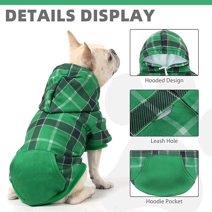 KOOLTAIL Plaid Dog Hoodie for Small Medium Large Dogs - Pet Clothes Sweater with Hat and Pocket for Cold Weather Winter, Warm Soft Dog Hooded Sweatshirt Coat Outfit for Puppy Cats Girls Boys Green XS