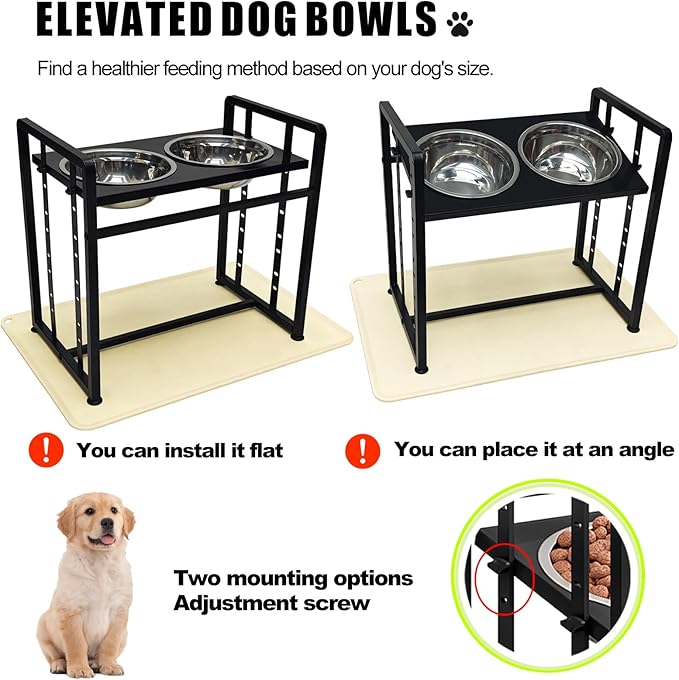 Elevated Dog Bowls 4 Height Adjustable Metal Pet Food Feeder Stand with 2 Stainless Steel Bowl Raised Dogs Feeding Station with Non-Slip Mats Black (Black, with Feeding Mat)